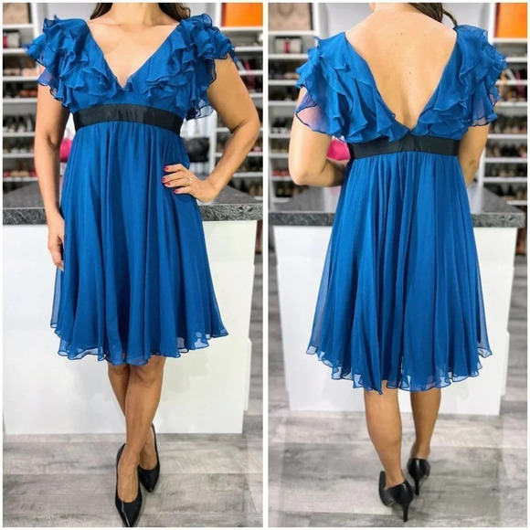 Marchesa Notte Blue Ruffle V-Neck Cocktail Dress $795 - Picture 1 of 13
